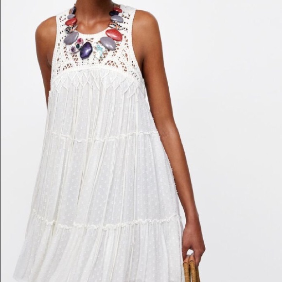 Zara Dotted Mesh Dress With Crochet Bib Fringe - Picture 4 of 6